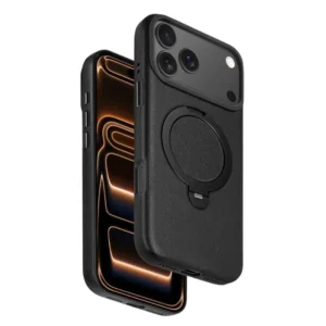 iPhone 17 Pro Max MagSafe Vegan Leather Case Cover with Rotating Ring Stand | Premium Shockproof Protective Back Cover