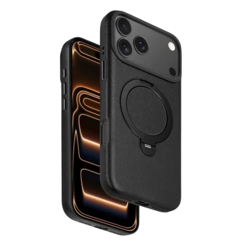 iPhone 17 Pro Max MagSafe Vegan Leather Case Cover with Rotating Ring Stand | Premium Shockproof Protective Back Cover