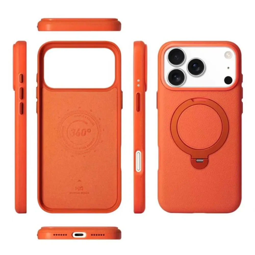 iPhone 17 Pro Max MagSafe Vegan Leather Case Cover with Rotating Ring Stand | Premium Shockproof Protective Back Cover
