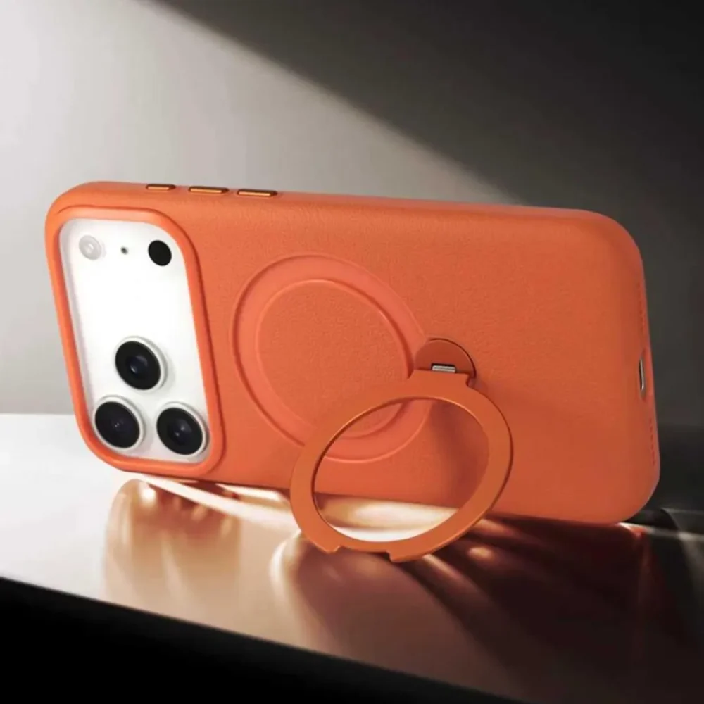 iPhone 17 Pro Max MagSafe Vegan Leather Case Cover with Rotating Ring Stand | Premium Shockproof Protective Back Cover
