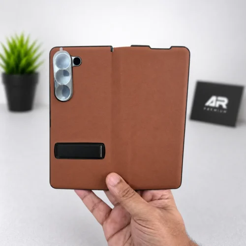 Samsung Galaxy Z Fold 5 Brown Leather Flip Case with Metal Stand