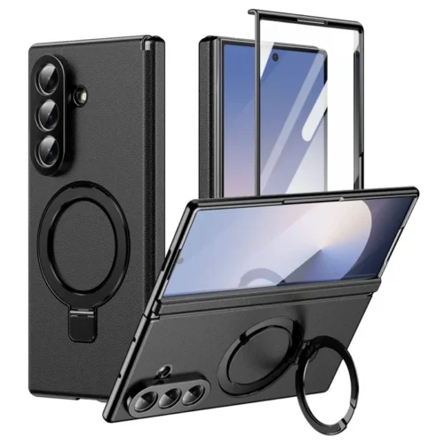Samsung Galaxy Z Fold 8 Ultra Leather Magnetic Stand Case with Hinge Protection, Electroplated Frame & Tempered Glass Screen Cover