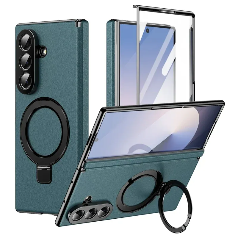 Samsung Galaxy Z Fold 8 Ultra Leather Magnetic Stand Case with Hinge Protection, Electroplated Frame & Tempered Glass Screen Cover