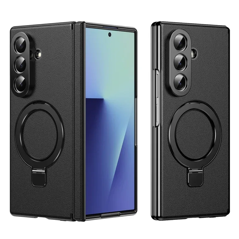 Samsung Galaxy Z Fold 8 Ultra Leather Magnetic Stand Case with Hinge Protection, Electroplated Frame & Tempered Glass Screen Cover