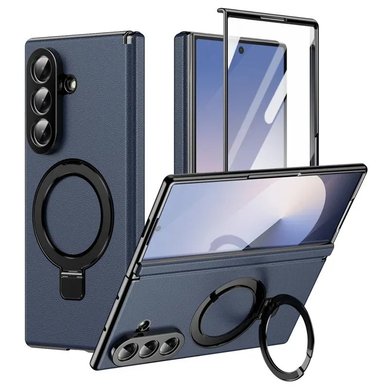 Samsung Galaxy Z Fold 8 Ultra Leather Magnetic Stand Case with Hinge Protection, Electroplated Frame & Tempered Glass Screen Cover