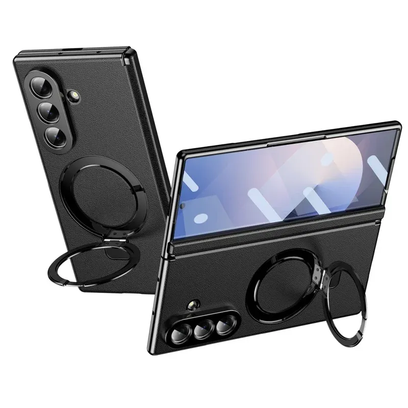 Samsung Galaxy Z Fold 8 Ultra Leather Magnetic Stand Case with Hinge Protection, Electroplated Frame & Tempered Glass Screen Cover