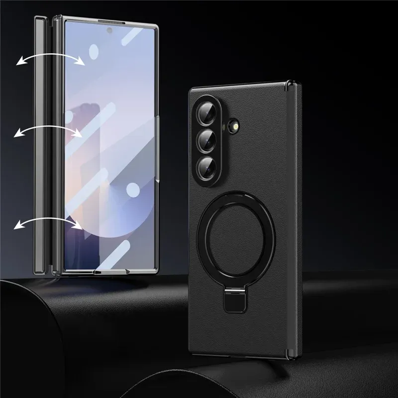 Samsung Galaxy Z Fold 8 Ultra Leather Magnetic Stand Case with Hinge Protection, Electroplated Frame & Tempered Glass Screen Cover