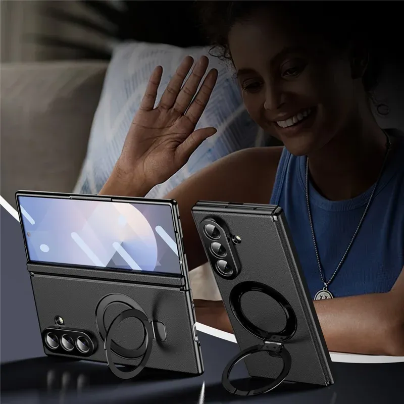 Samsung Galaxy Z Fold 8 Ultra Leather Magnetic Stand Case with Hinge Protection, Electroplated Frame & Tempered Glass Screen Cover