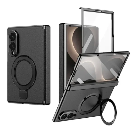 Samsung Galaxy Z Fold 8 Magnetic Case with Kickstand | PU Leather Coated PC Phone Cover | Tempered Glass Screen Protector