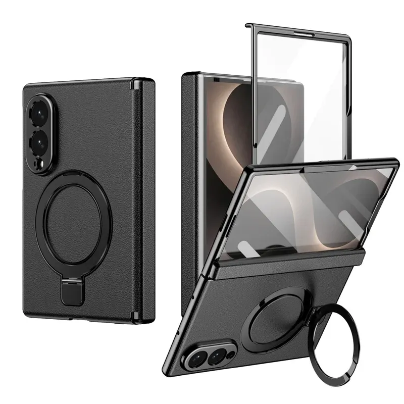 Samsung Galaxy Z Fold 8 Magnetic Case with Kickstand | PU Leather Coated PC Phone Cover | Tempered Glass Screen Protector