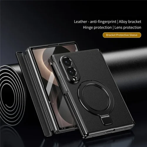 Samsung Galaxy Z Fold 8 Magnetic Case with Kickstand | PU Leather Coated PC Phone Cover | Tempered Glass Screen Protector
