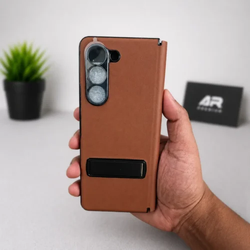 Samsung Galaxy Z Fold 5 Brown Leather Flip Case with Metal Stand