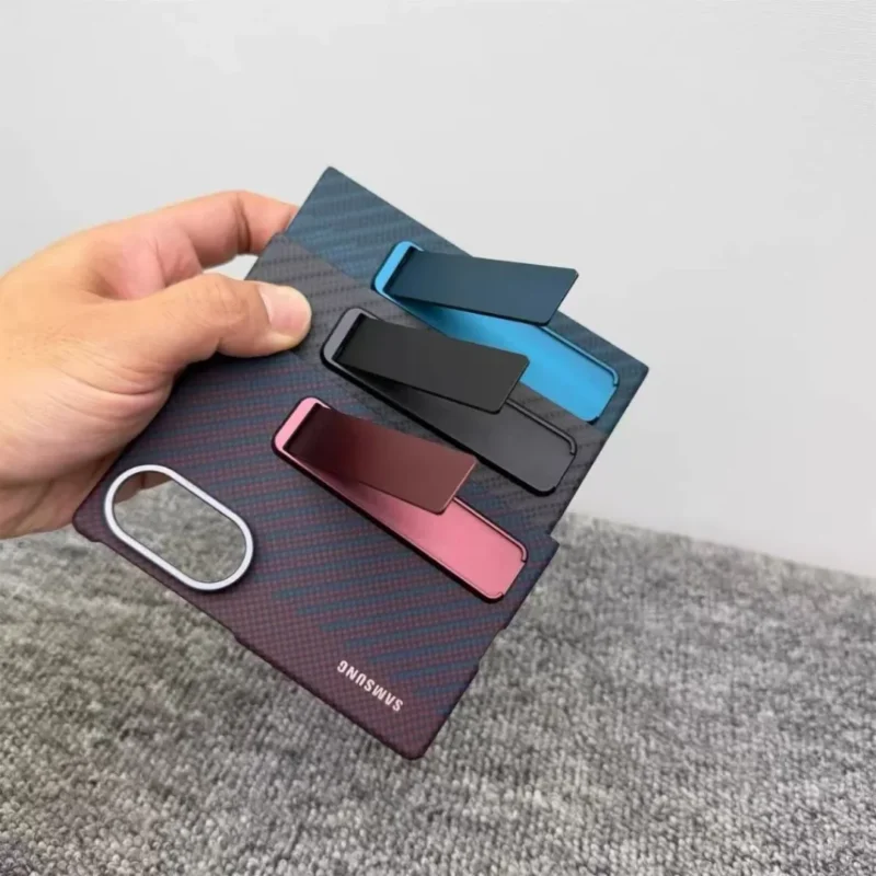 Samsung Galaxy Z Fold 8 Carbon Fiber Magnetic Case with Metal Stand & Tempered Glass (Black/Red/Blue)