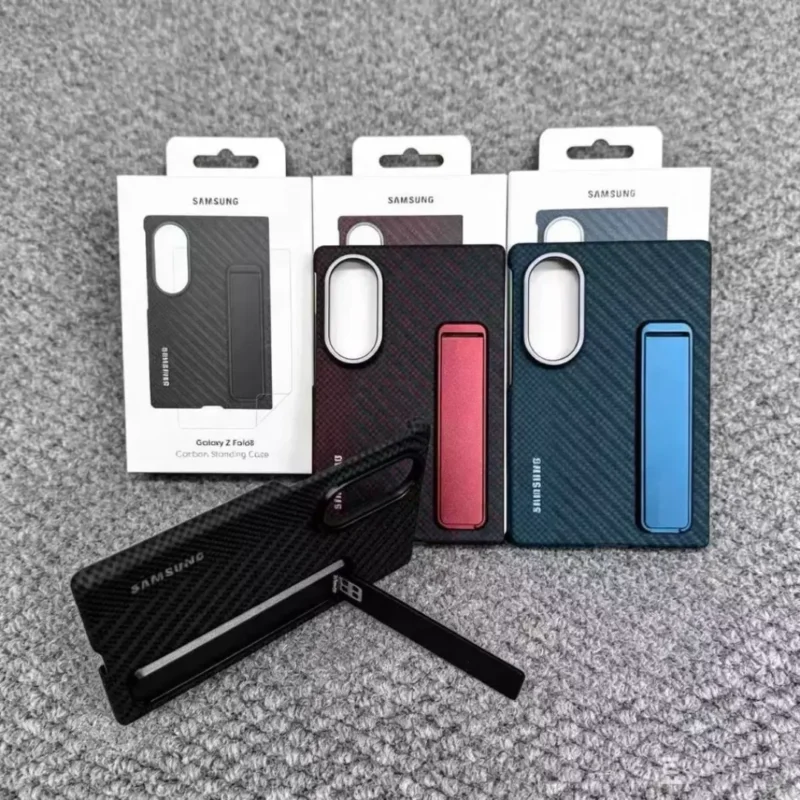 Samsung Galaxy Z Fold 8 Carbon Fiber Magnetic Case with Metal Stand & Tempered Glass (Black/Red/Blue)