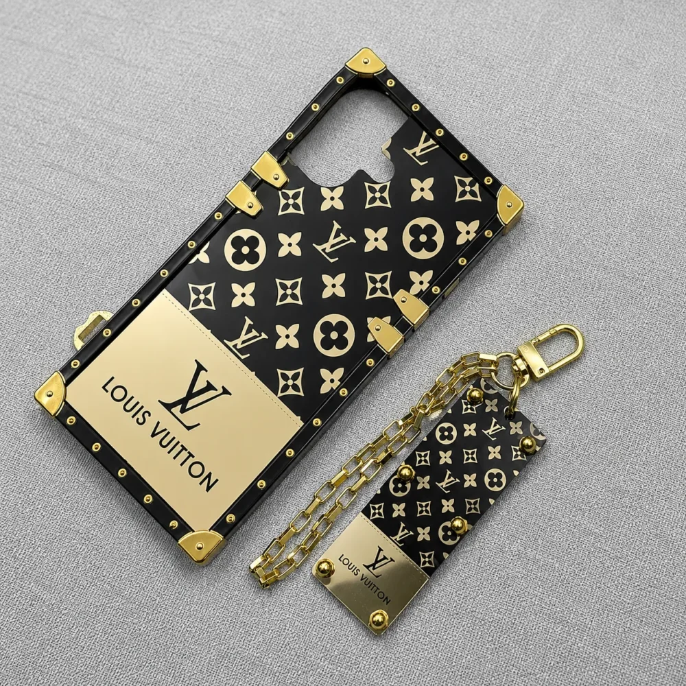 iPhone 16 Series Luxury Black Trunk Case with Chain Lanyard | Designer Style Protective Cover with Corner Guards