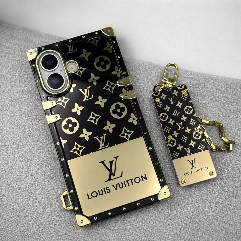 iPhone 17 Series Luxury Black Trunk Case with Chain Lanyard | Designer Style Protective Cover with Corner Guards